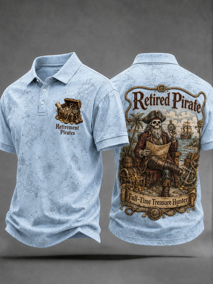 Men's Retro "Retired Pirate - Full-Time Treasure Hunter" Printed Casual Polo Shirt