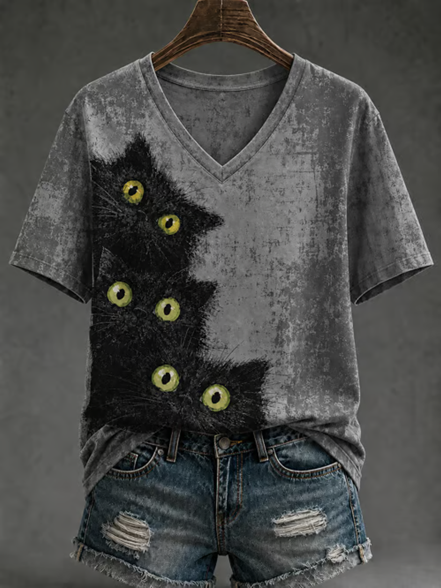 Women's Cute cat print short-sleeved T-shirt