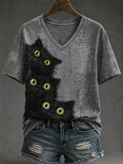 Women's Cute cat print short-sleeved T-shirt