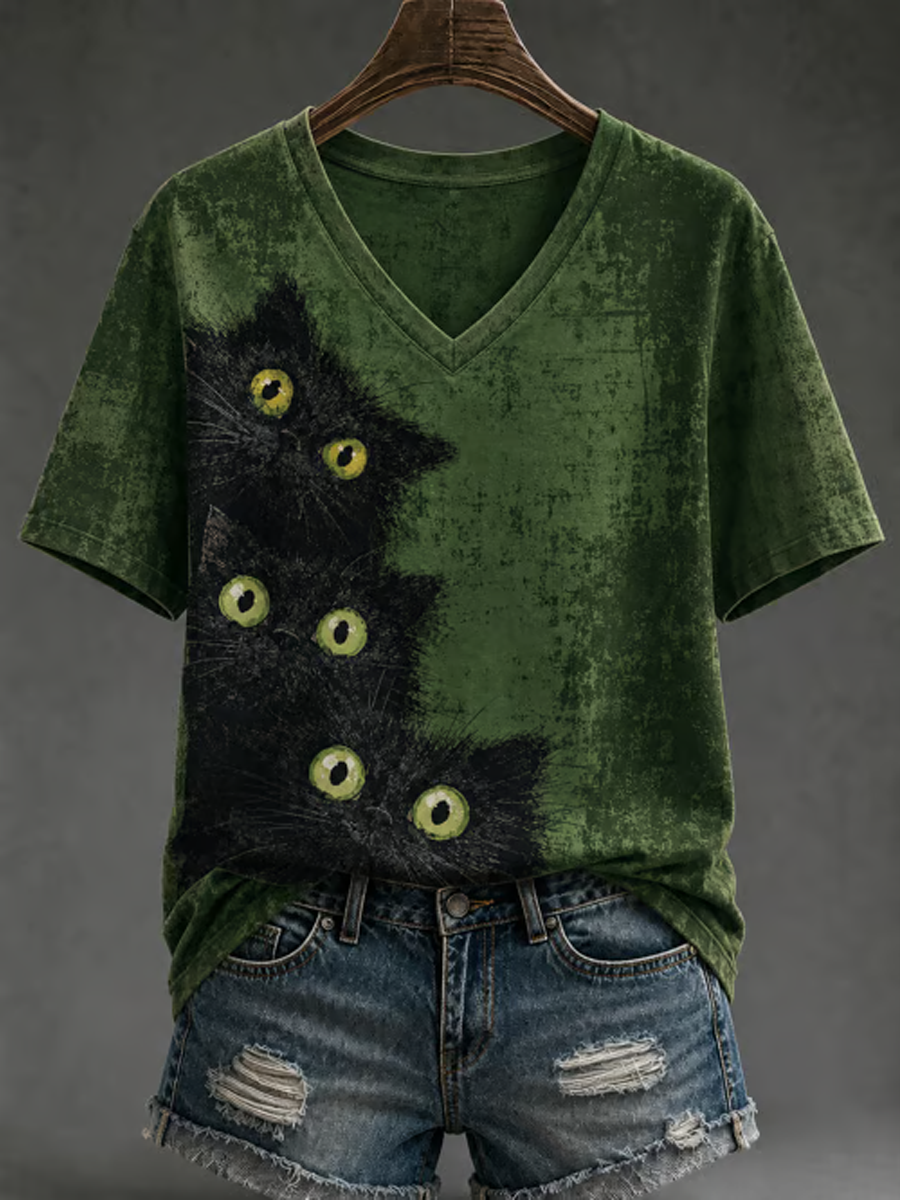 Women's Cute cat print short-sleeved T-shirt