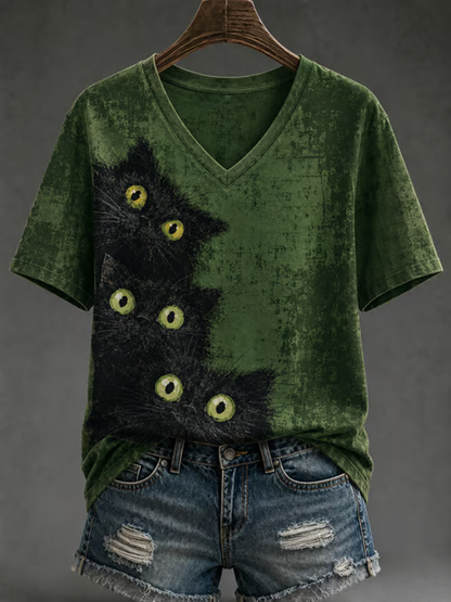 Women's Cute cat print short-sleeved T-shirt
