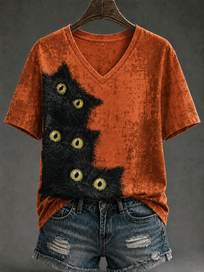 Women's Cute cat print short-sleeved T-shirt