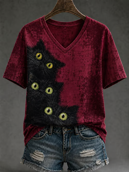 Women's Cute cat print short-sleeved T-shirt