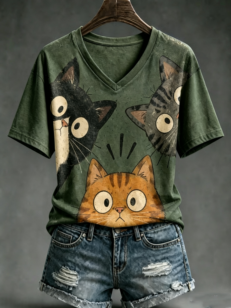 Women's Cute cat print short-sleeved T-shirt