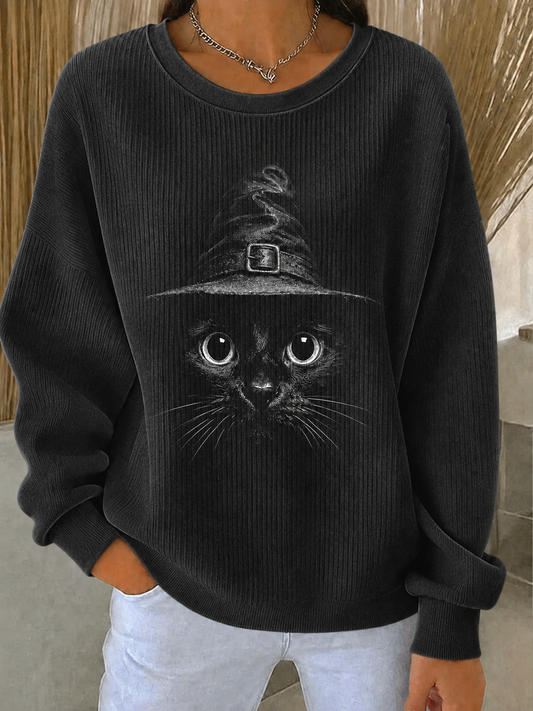 Women's Halloween Cat Ribbed Round-Neck Sweatshirt