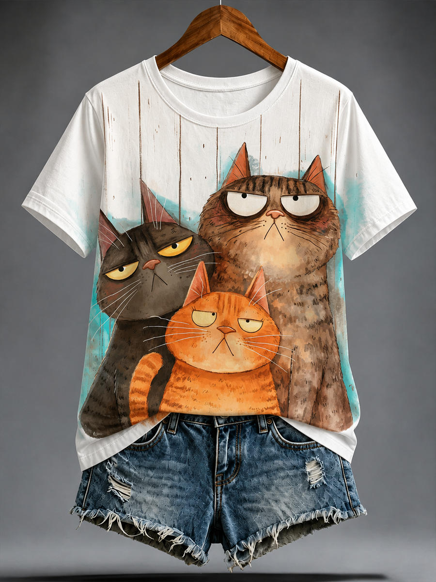 Women's Cute cat print short-sleeved T-shirt