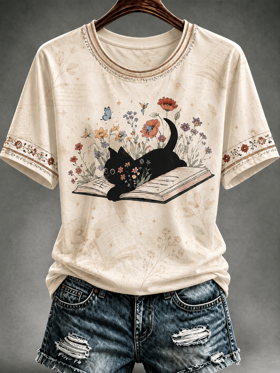 Women's cute cat Printed short-sleeved T-shirt