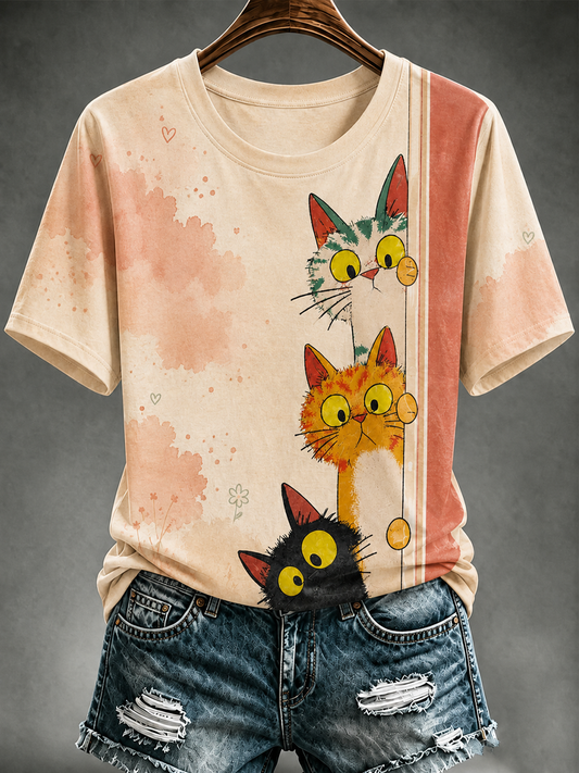 Women's cute cat Printed short-sleeved T-shirt