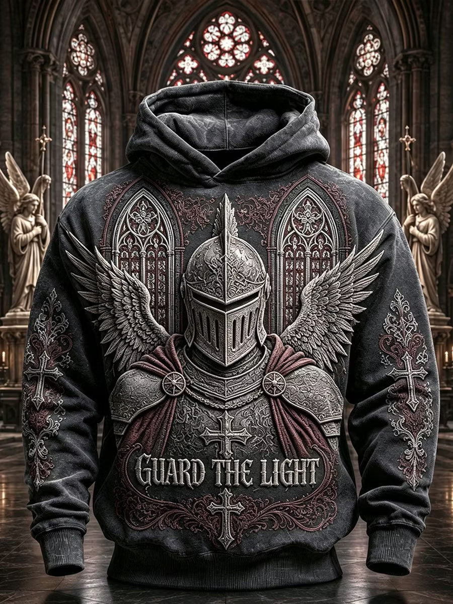 Men’s Christian “Guard the Light” Angelic Knight Cross Print Hoodie