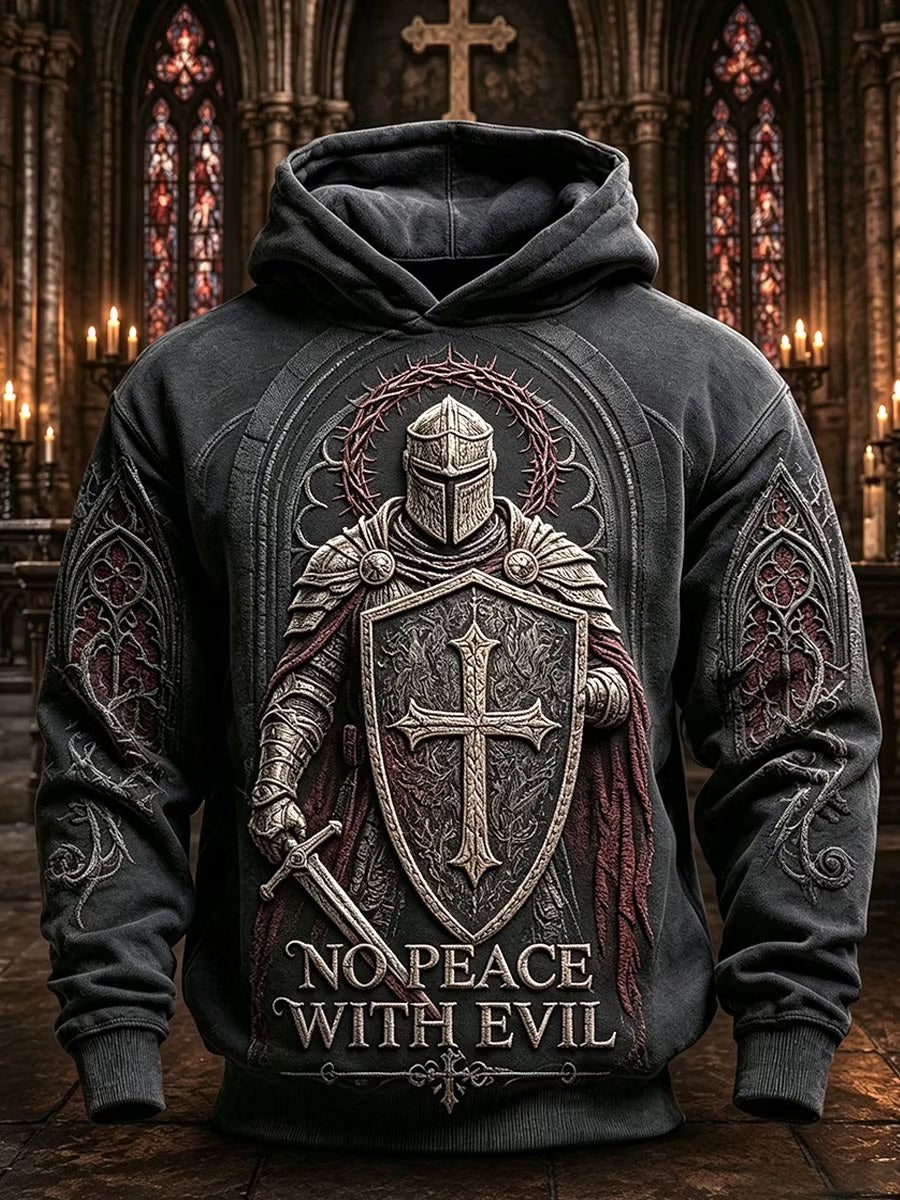 Men’s Christian “No Peace with Evil” Templar Knight Cross Shield Print Hoodie