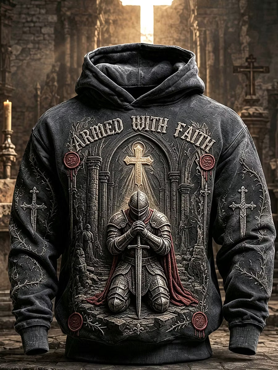 Men’s Christian “Armed with Faith” Praying Knight Cross Print Hoodie