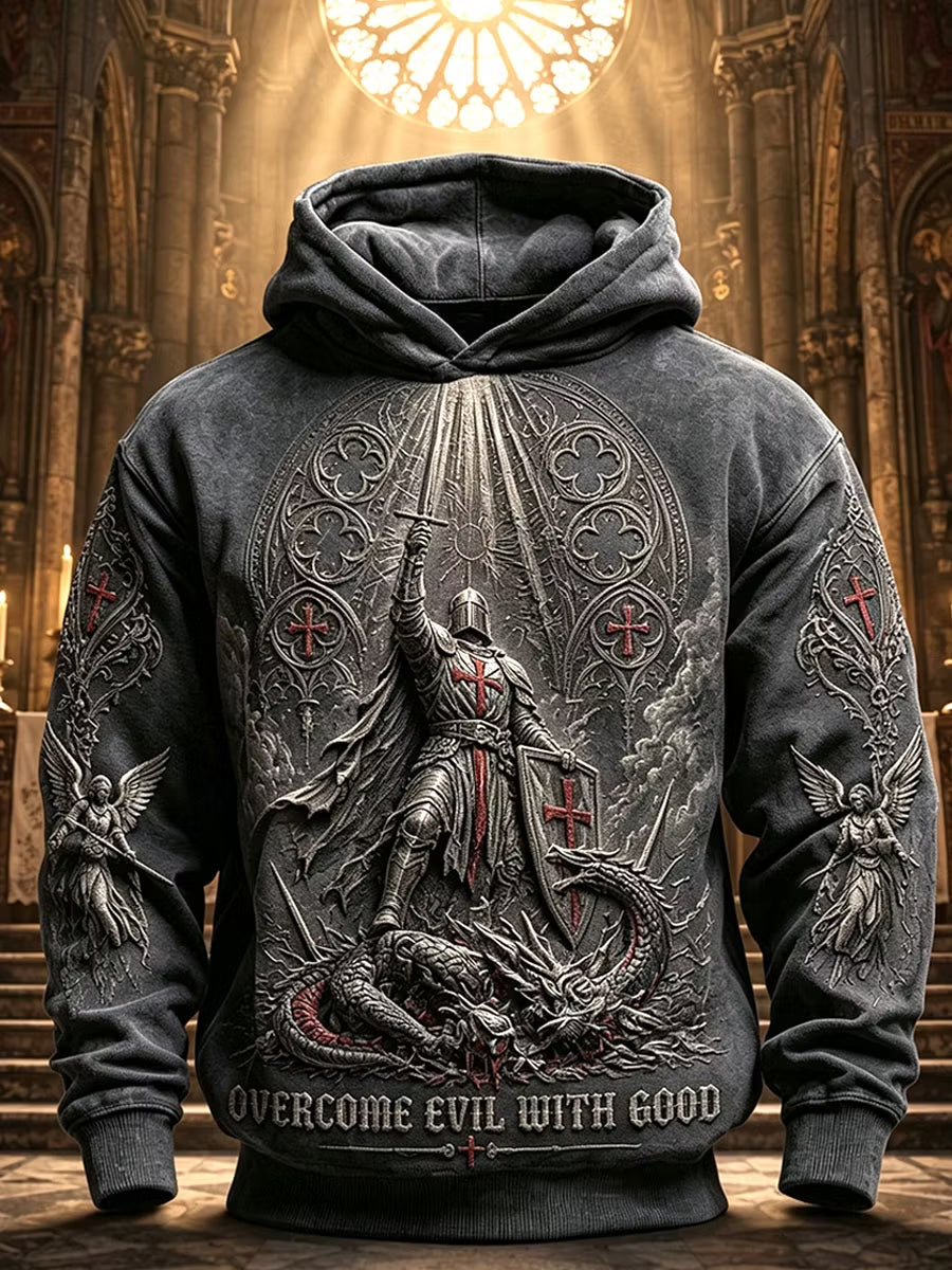 Men’s Christian “Overcome Evil with Good” Templar Knight Dragon Slayer Print Hoodie
