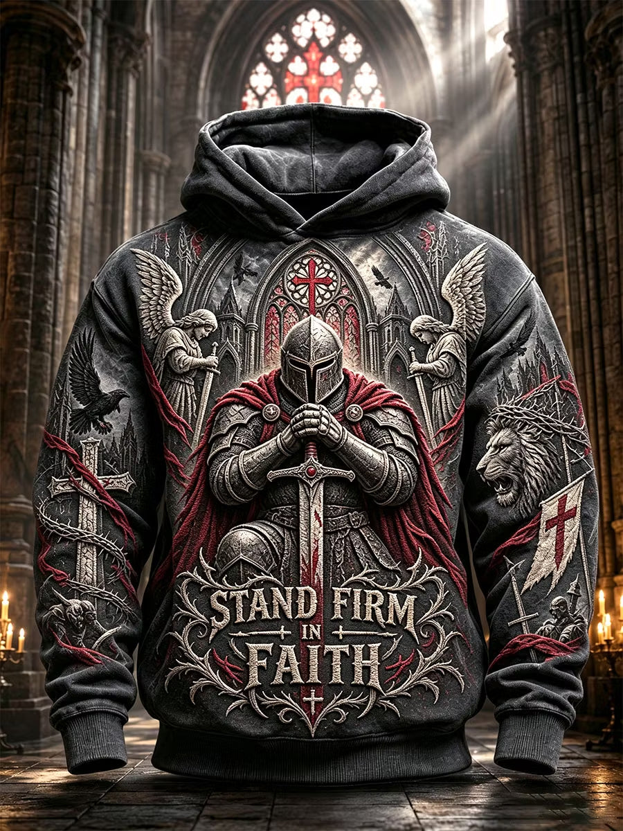 Men’s Christian “Stand Firm in Faith” Praying Templar Knight Print Hoodie