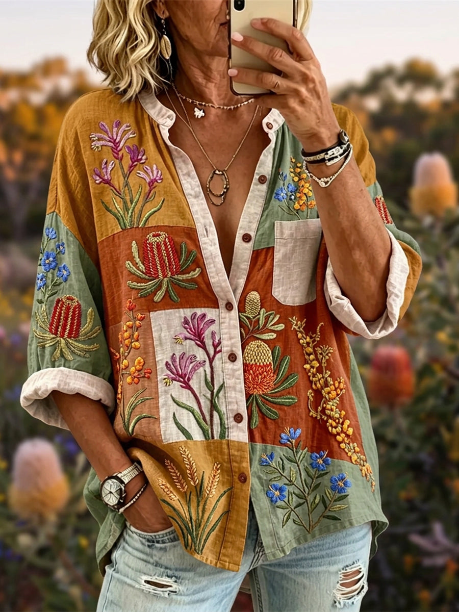 Women’s Retro Australian Wildflower Season Cotton-Linen Shirt