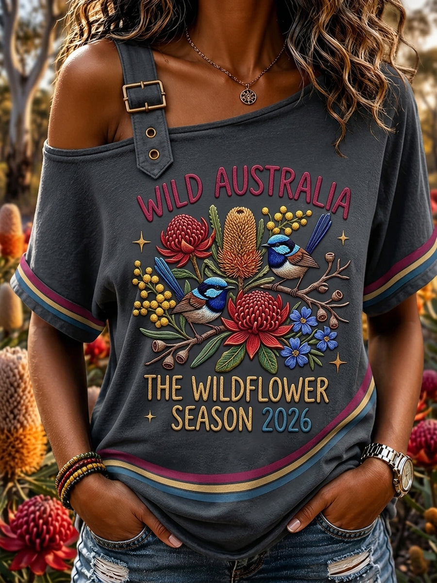 Women’s Retro Australian Wildflower Season Off-the-Shoulder T-Shirt