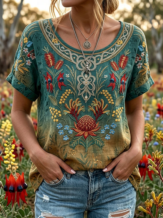 Women’s Retro Australian Wildflower Season Short-Sleeved T-shirt
