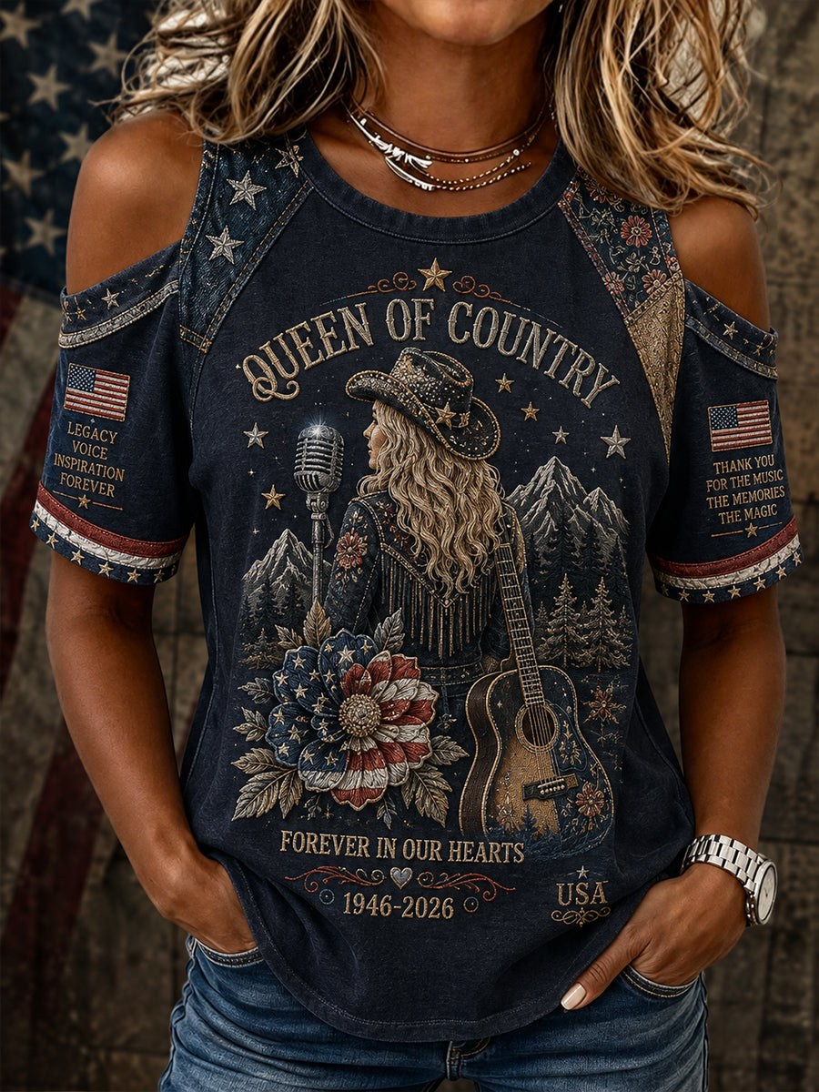 Women's Country Singer Tribute Graphic Off-Shoulder Short-Sleeve T-Shirt