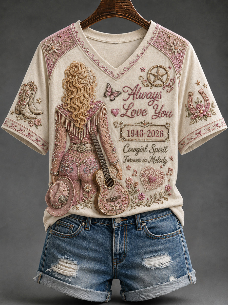 Women's Classic Country Music Inspired Glitter Print Memorial T-shirt