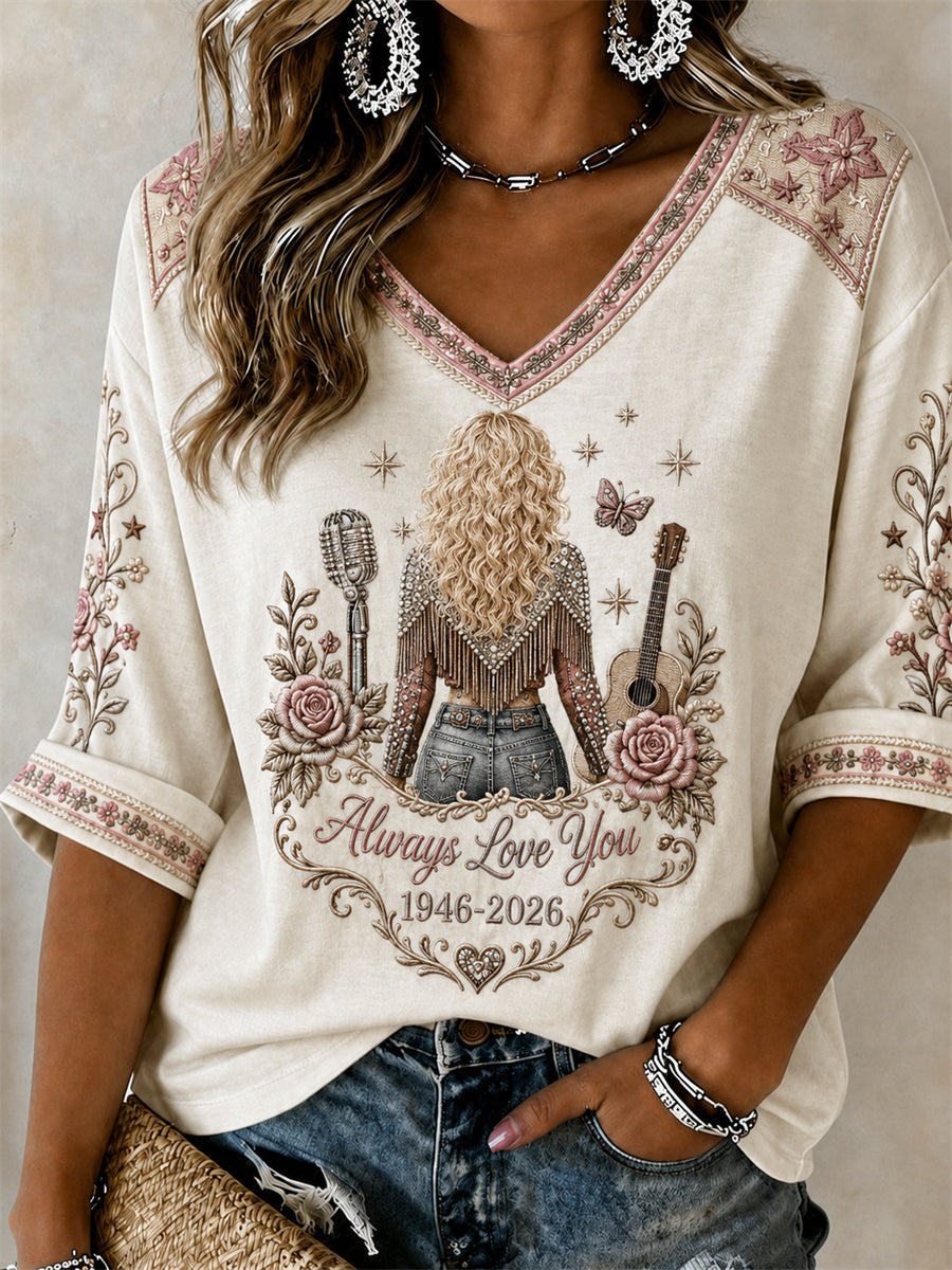 Women's Vintage Classic Country Music Inspired Western Print Memorial Mid-length Sleeves V-Neck T-Shirt
