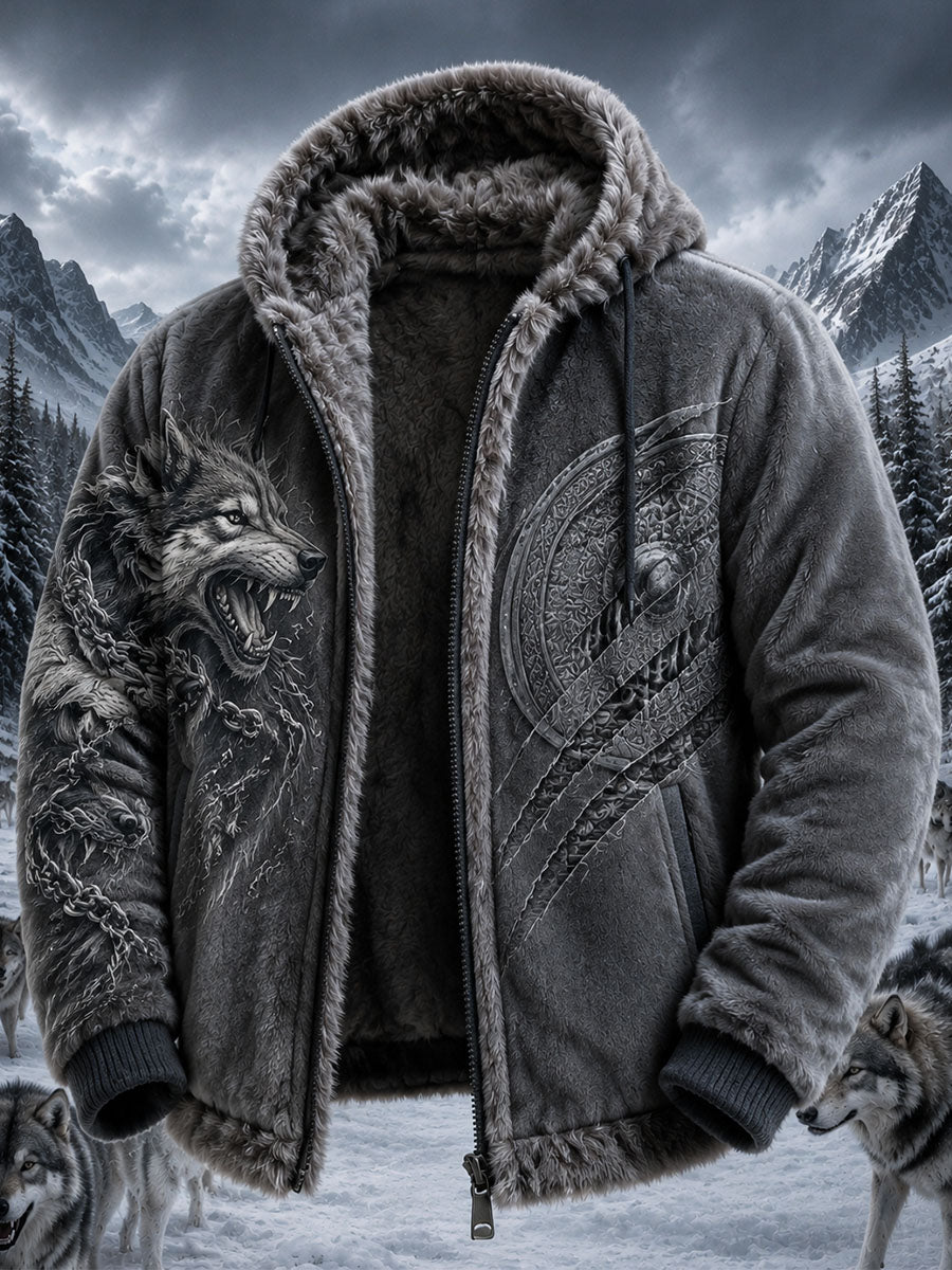 Men's Retro Viking Wolf Totem Celtic Style Flannel Warm Hooded Sweatshirt