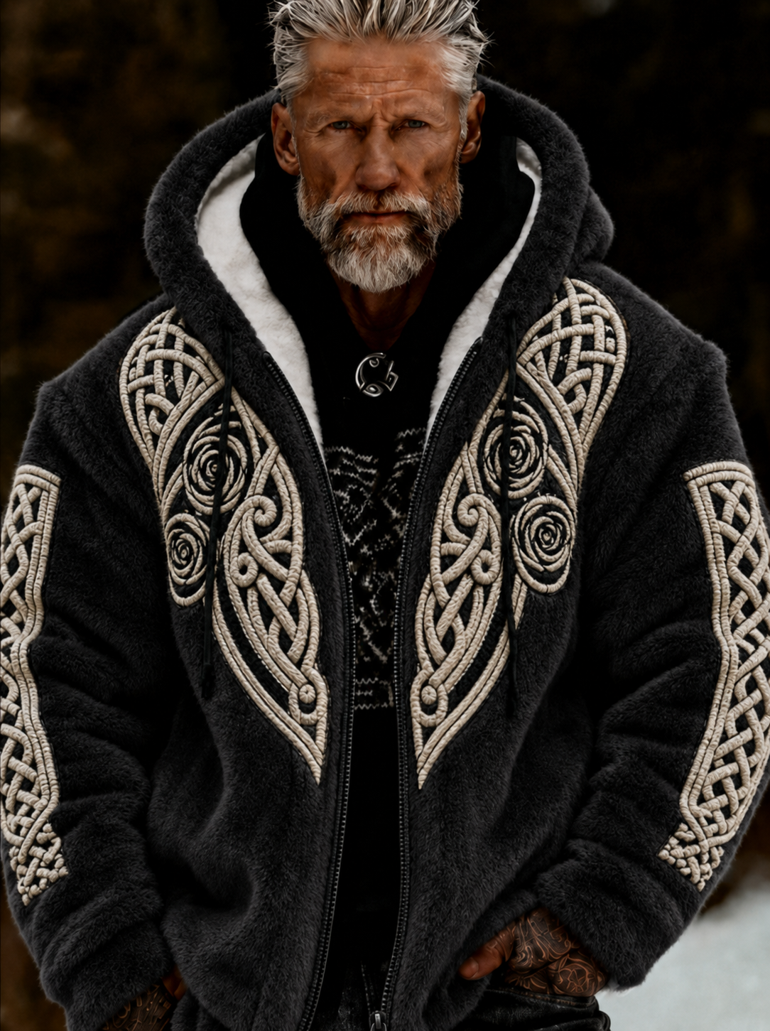 Men's Viking Celtic Art Plush Cozy Warm Zipped Hooded Jacket