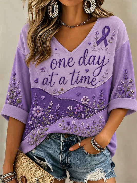 Women's Purple Floral & Alzheimer's Awareness Support Print V-Neck Tee