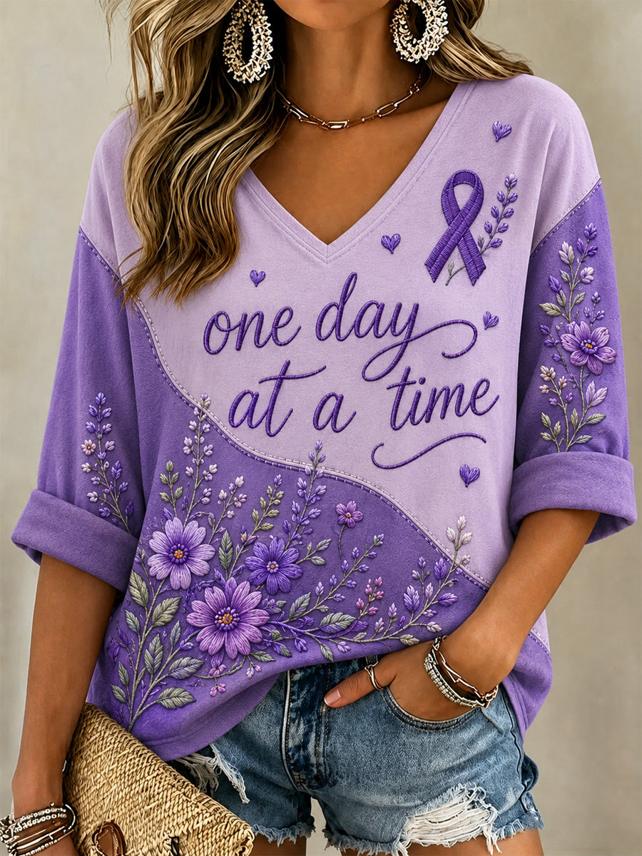 Women's Purple Floral & Alzheimer's Awareness Support Print V-Neck Tee