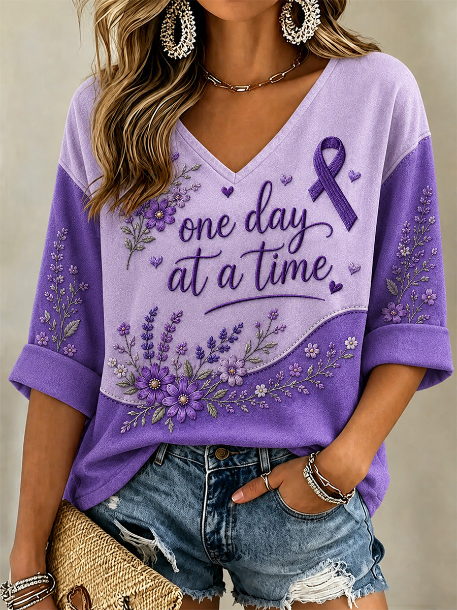 Women's Purple Floral & Alzheimer's Awareness Support Print V-Neck Tee