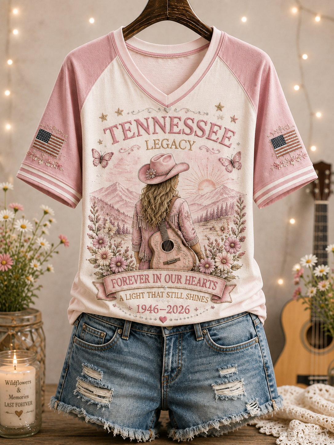 Women's Remembering Dolly Parton V-Neck Off-Shoulder Short-Sleeved T-Shirt