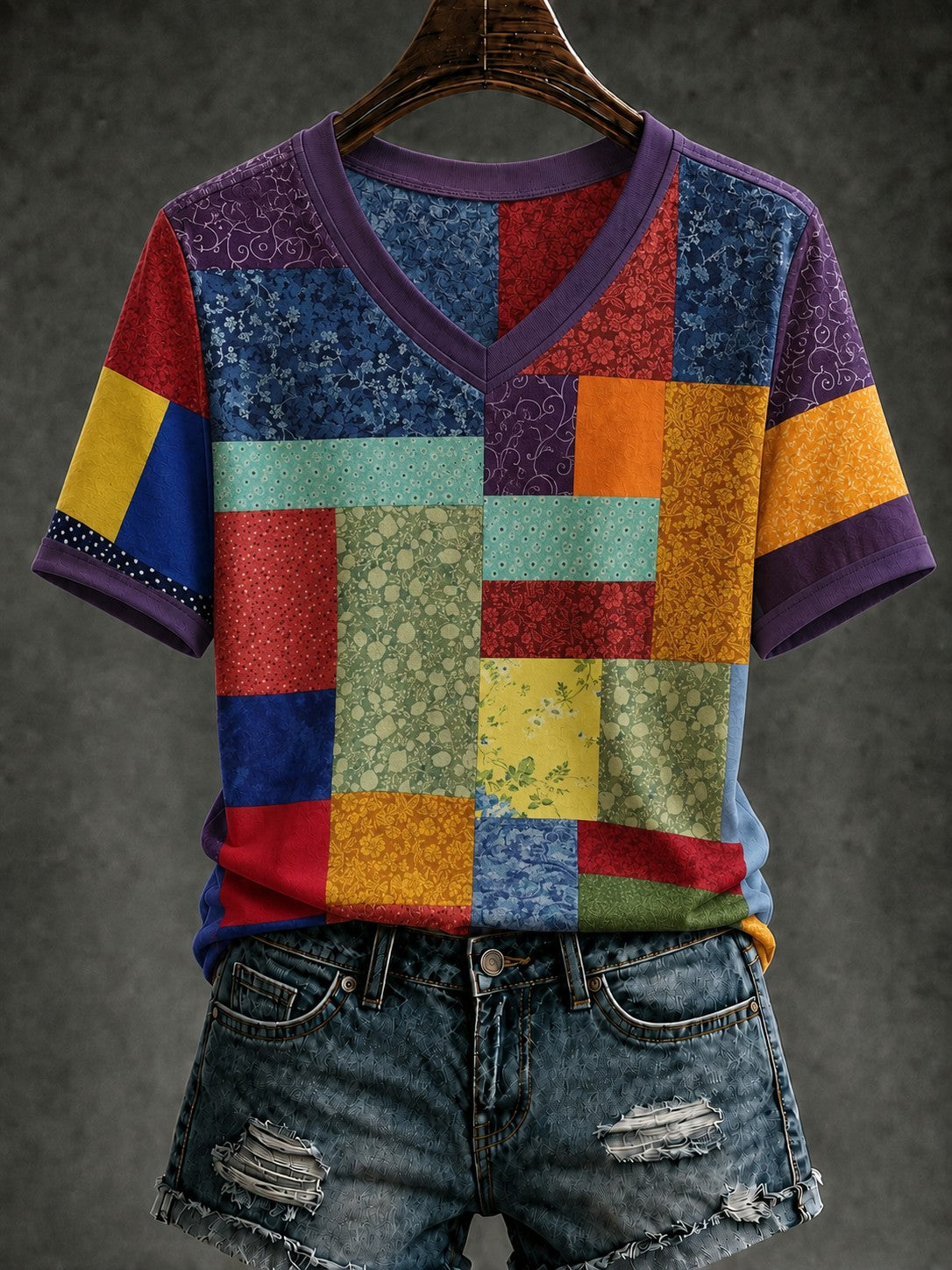 Women's COAT OF MANY COLORS Printed V-neck T-shirt