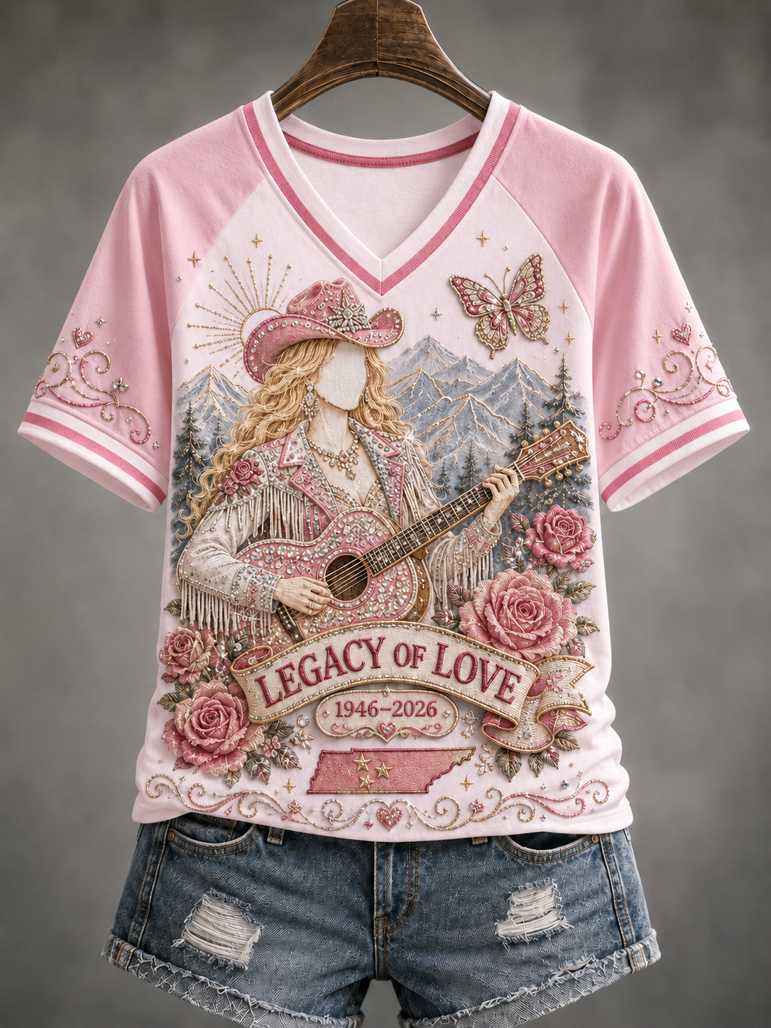 Women's Remembering Dolly Parton V-Neck Off-Shoulder Short-Sleeved T-Shirt
