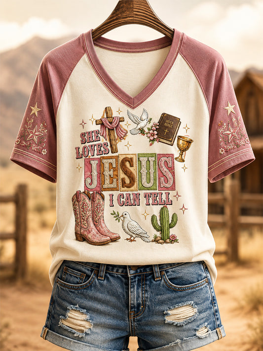 Women's She Loves Jesus I Can Tell Print Casual V-Neck Tee