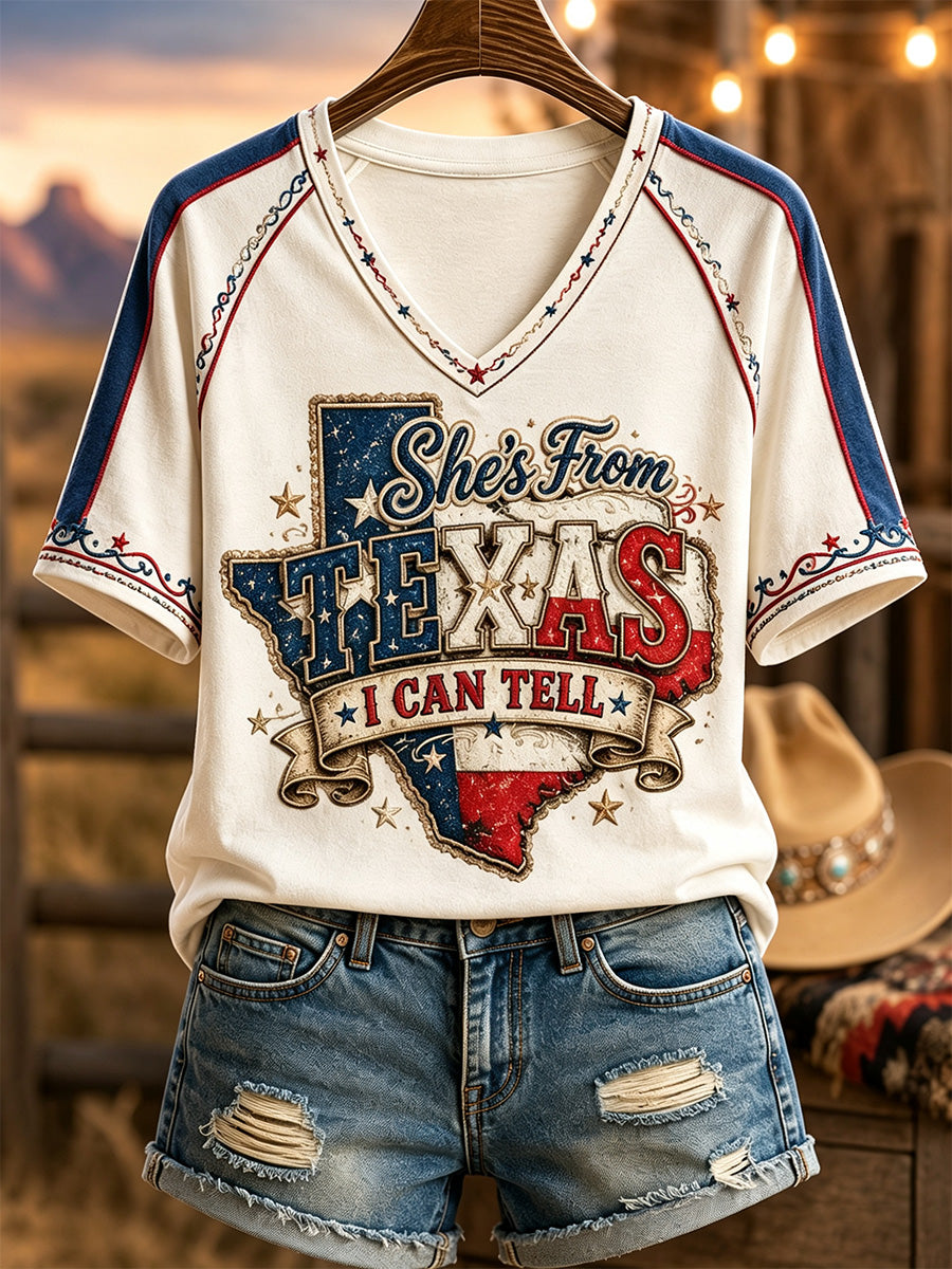 Women's She's From Texas I Can Tell Print Casual V-Neck Tee