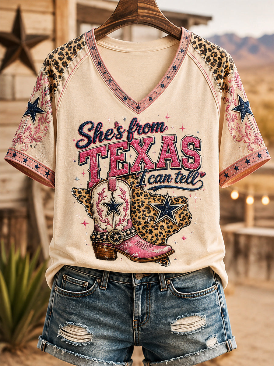 Women's She's From Texas I Can Tell Print Casual V-Neck Tee