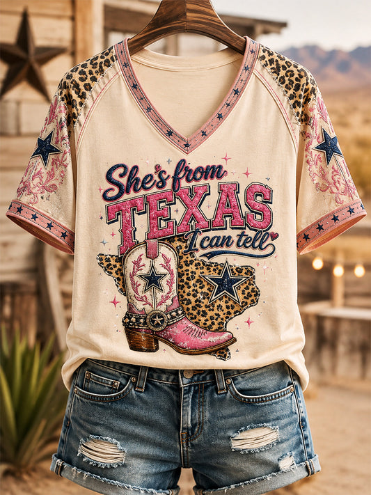 Women's She's From Texas I Can Tell Print Casual V-Neck Tee