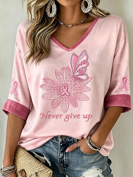 Women's Breast Cancer Theme Casual Mid-length Sleeves V-Neck T-Shirt