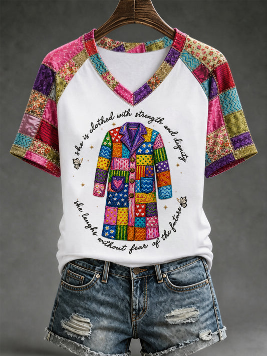 Women's She Is Clothed With Strength And Dignity Patchwork Print Country Music Legend Tribute V-Neck Tee