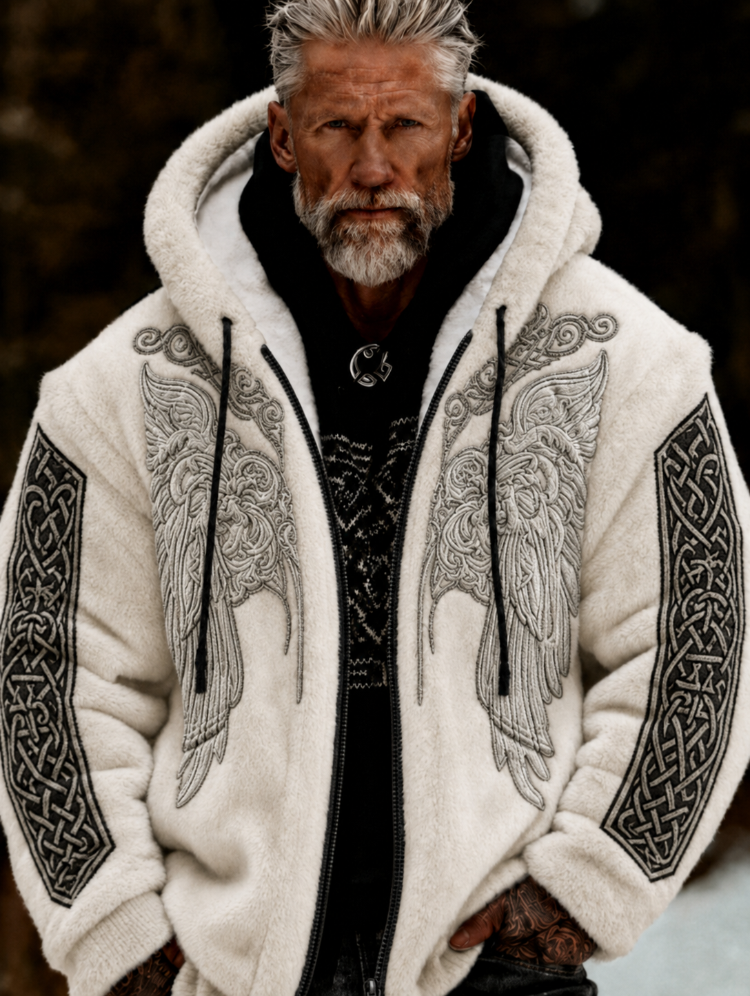 Men's Viking Celtic Art Plush Cozy Warm Zipped Hooded Jacket