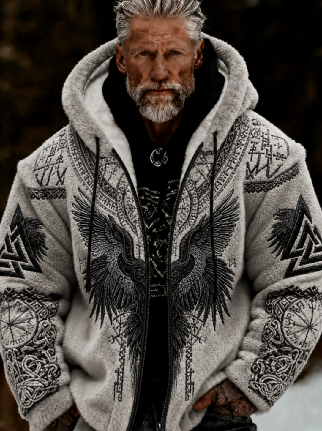 Men's Viking Celtic Art Plush Cozy Warm Zipped Hooded Jacket