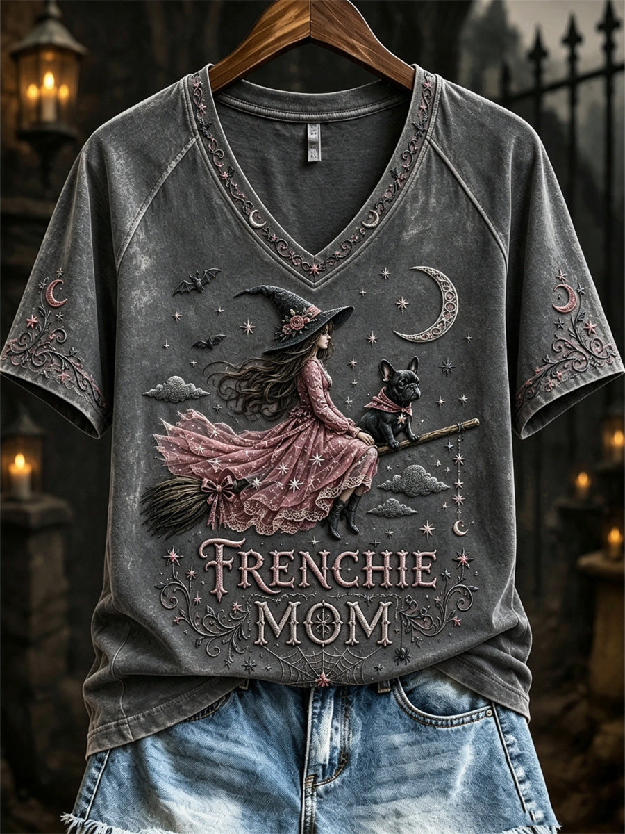 Women's Halloween Pink Witch Frenchie Mom Print short-sleeved T-shirt