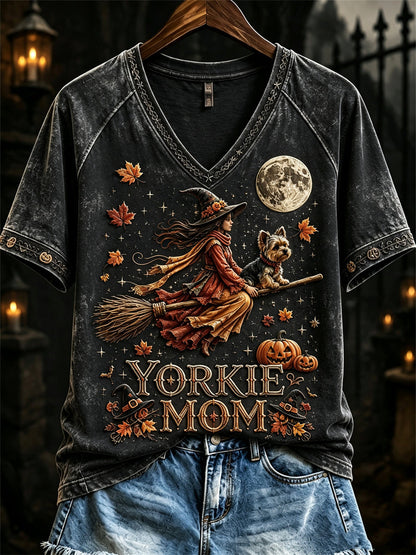 Women's Halloween Fall Yorkie Mom Witch & Dog Print short-sleeved T-shirt