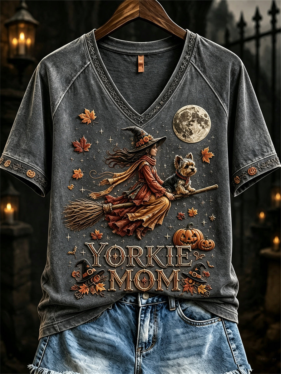 Women's Halloween Fall Yorkie Mom Witch & Dog Print short-sleeved T-shirt