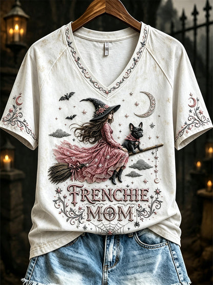 Women's Halloween Pink Witch Frenchie Mom Print short-sleeved T-shirt