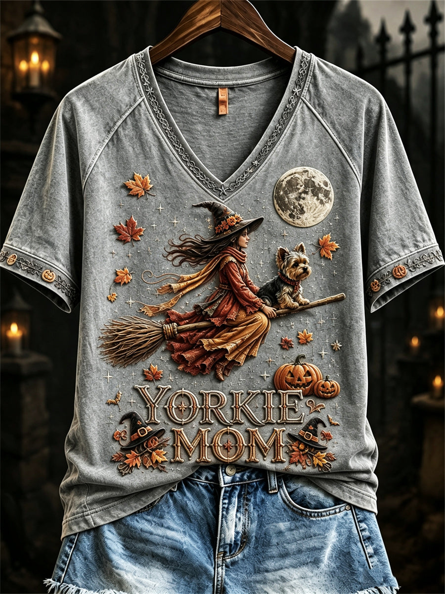 Women's Halloween Fall Yorkie Mom Witch & Dog Print short-sleeved T-shirt