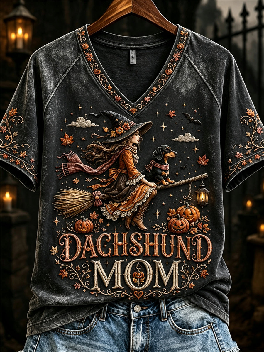 Women's Halloween Fall Dachshund Mom Witch & Dog Print short-sleeved T-shirt