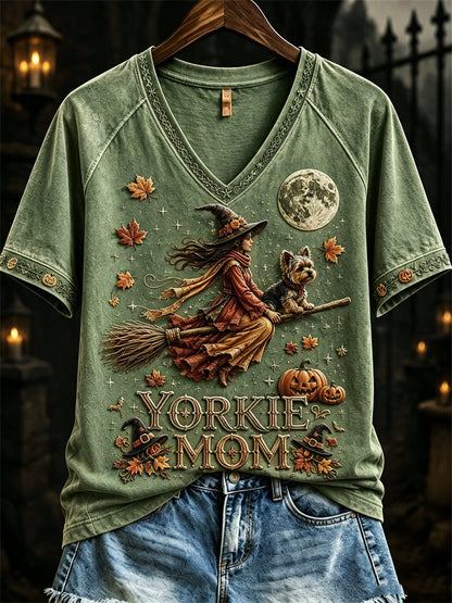 Women's Halloween Fall Yorkie Mom Witch & Dog Print short-sleeved T-shirt