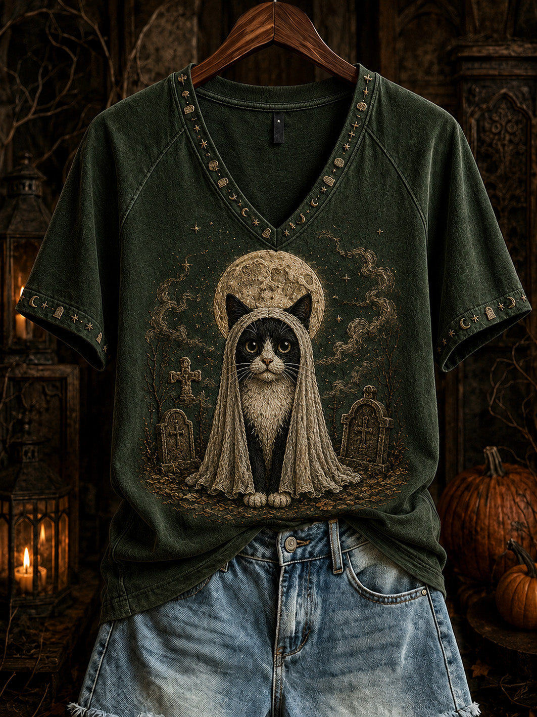 Women's Halloween Cute Cat Pattern Printed Casual Short Sleeve T-shirt