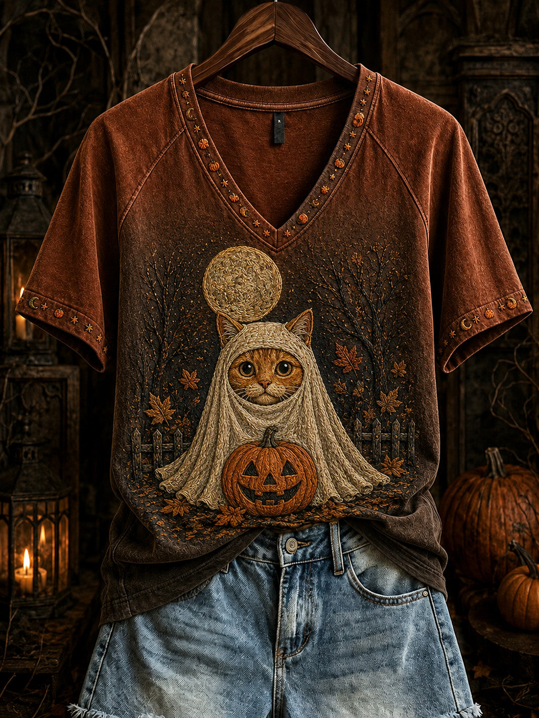 Women's Halloween Cute Cat Pattern Printed Casual Short Sleeve T-shirt