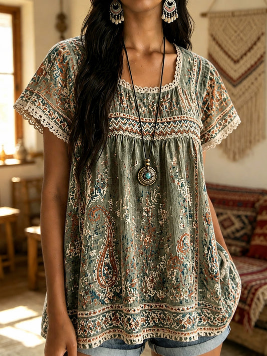 Lady's Vintage Bohemian Patterned Blouse