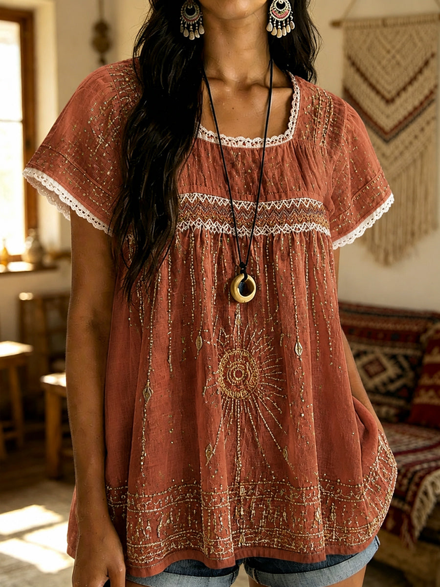 Lady's Vintage Bohemian Patterned Blouse